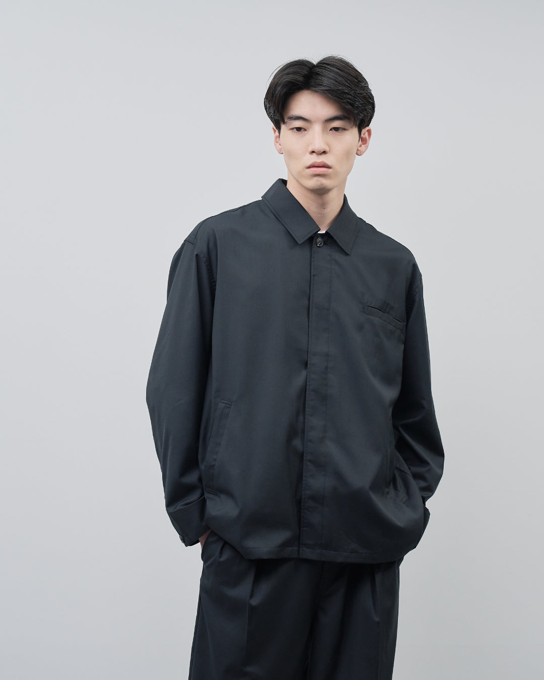 Open Collar Hidden Front Shirt Jacket -black-