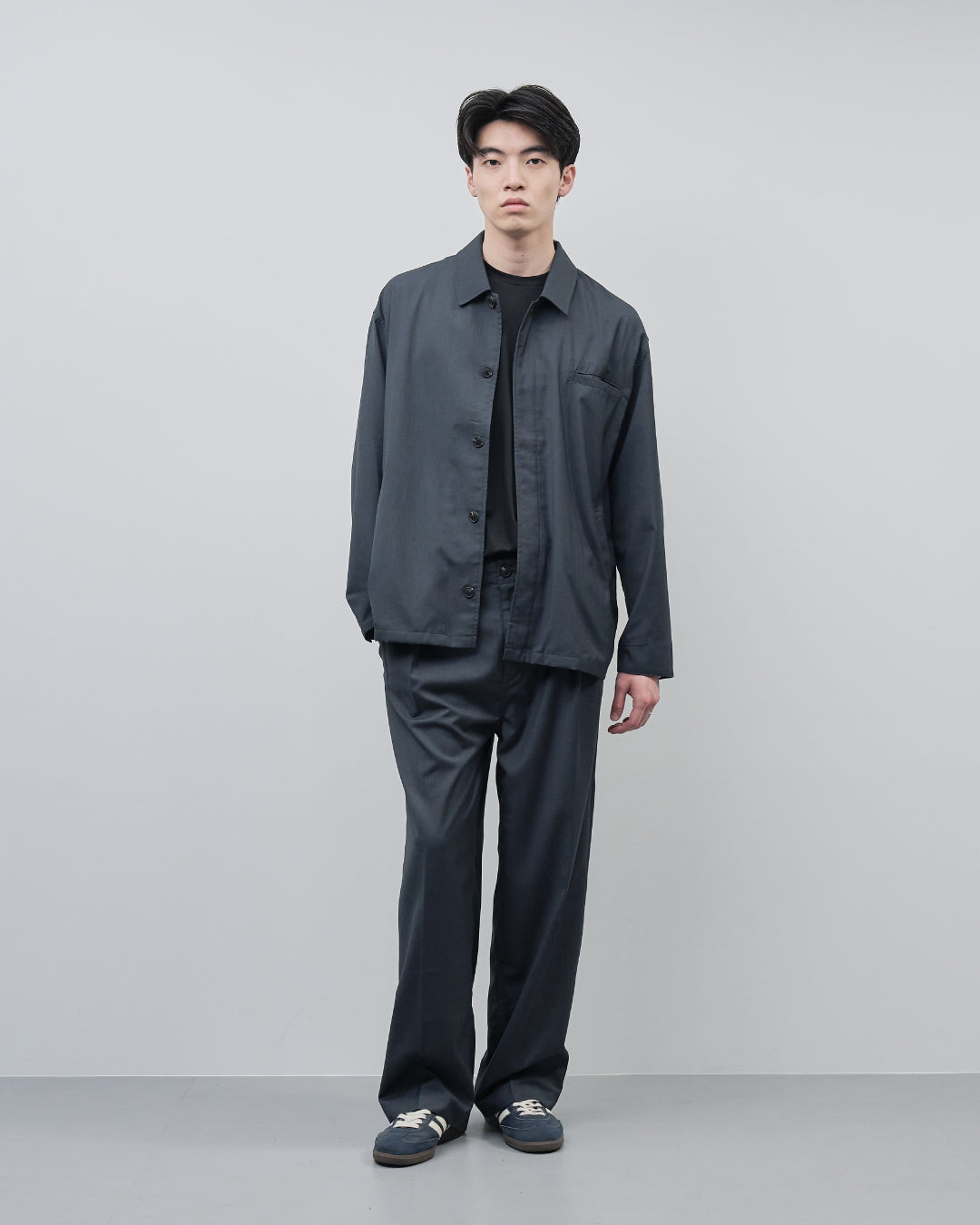 Open Collar Hidden Front Shirt Jacket -dark gray-