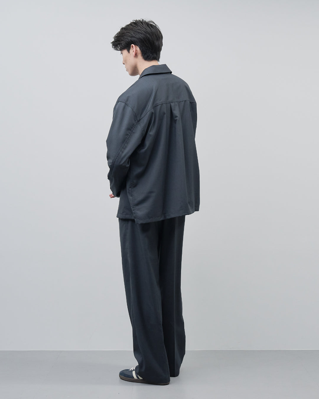 Open Collar Hidden Front Shirt Jacket -dark gray-