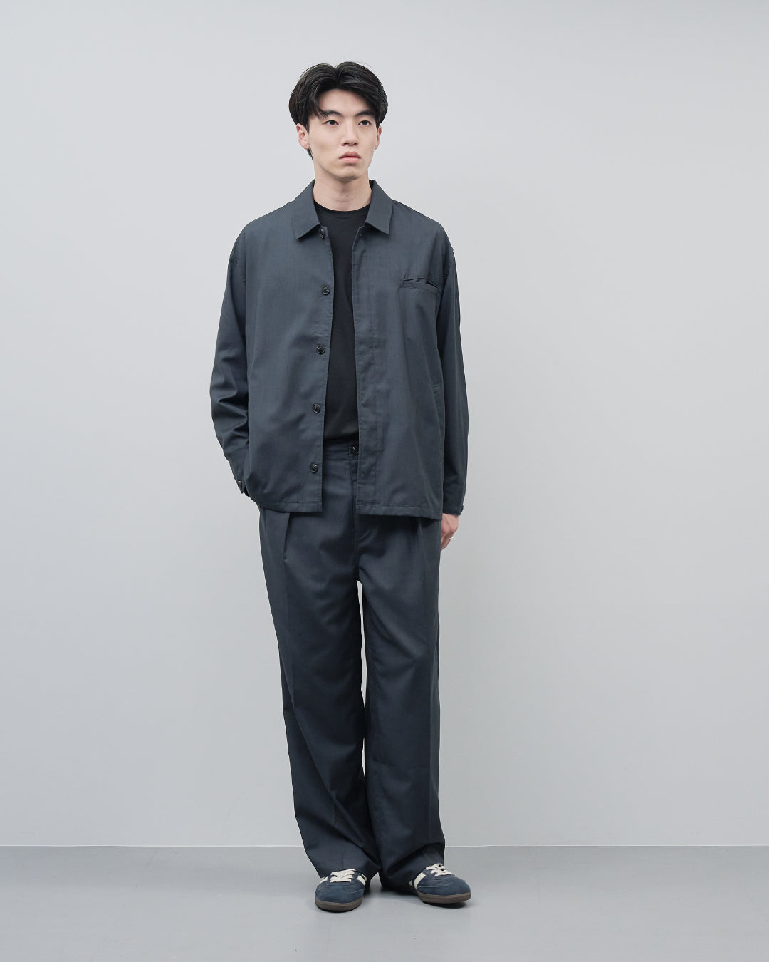 Open Collar Hidden Front Shirt Jacket -dark gray-