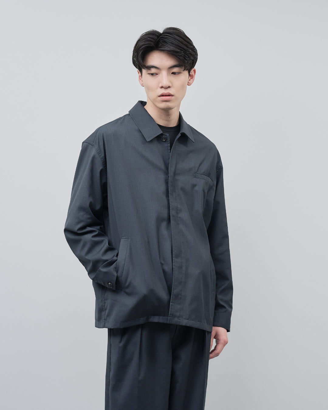 Open Collar Hidden Front Shirt Jacket -dark gray-
