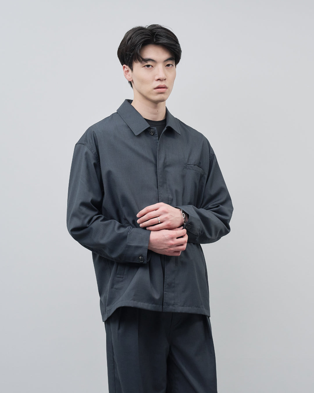Open Collar Hidden Front Shirt Jacket -dark gray-