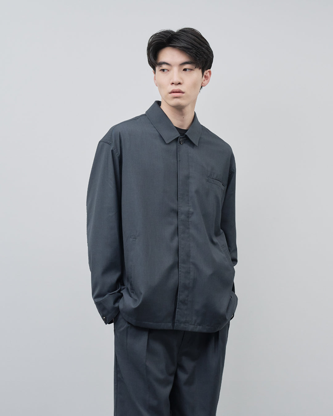 Open Collar Hidden Front Shirt Jacket -dark gray-