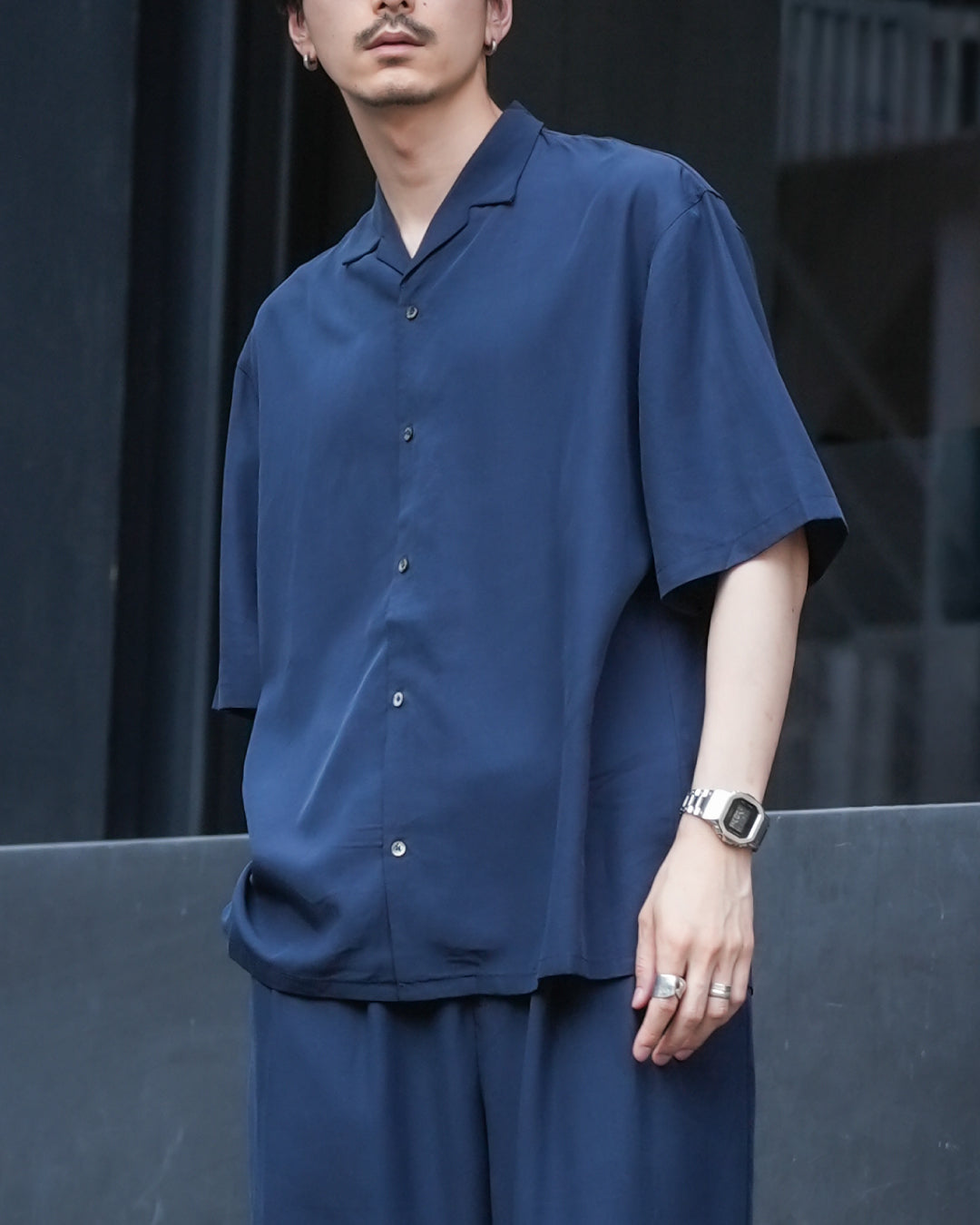 Linen Blend Open Collar S/S Shirt -navy-