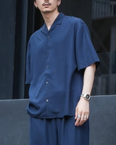 Linen Blend Open Collar S/S Shirt -navy-