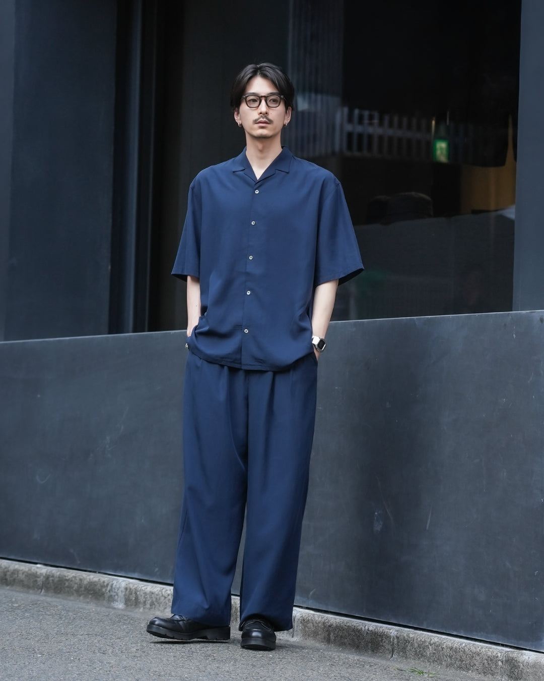 Linen Blend Open Collar S/S Shirt -navy-