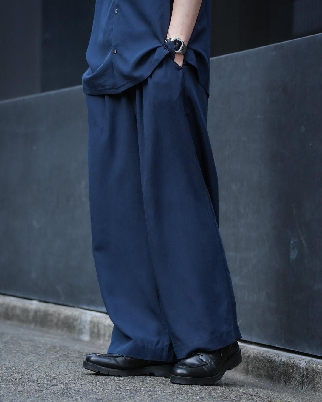 Linen Blend Wide Slacks -navy-