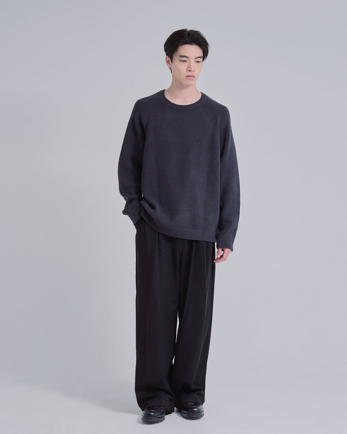 Elbow Patch Rib Crewneck Knit -gray-