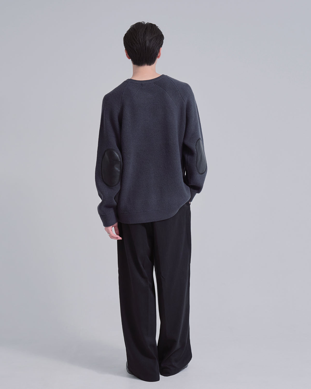 Elbow Patch Rib Crewneck Knit -gray-