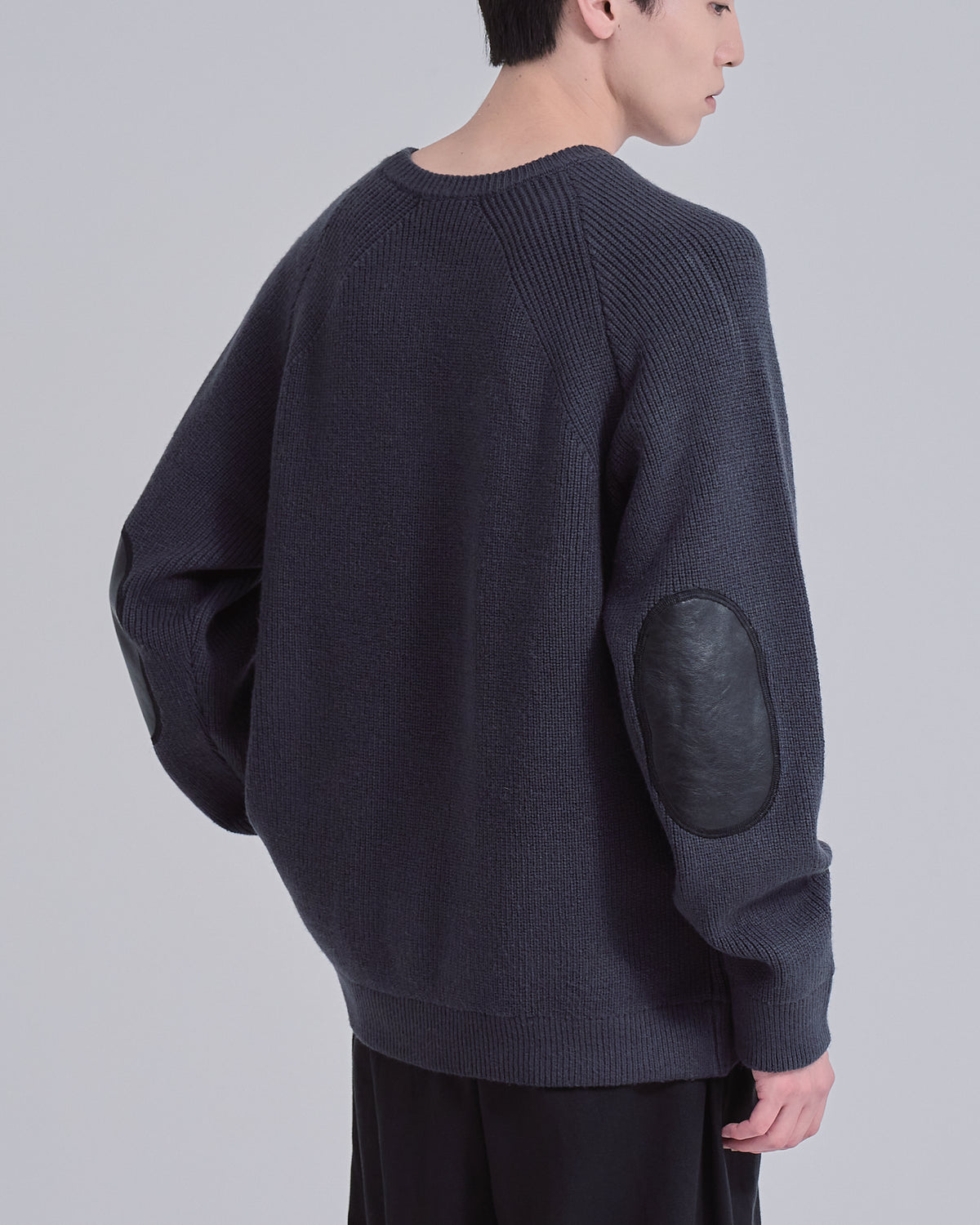 Elbow Patch Rib Crewneck Knit -gray-