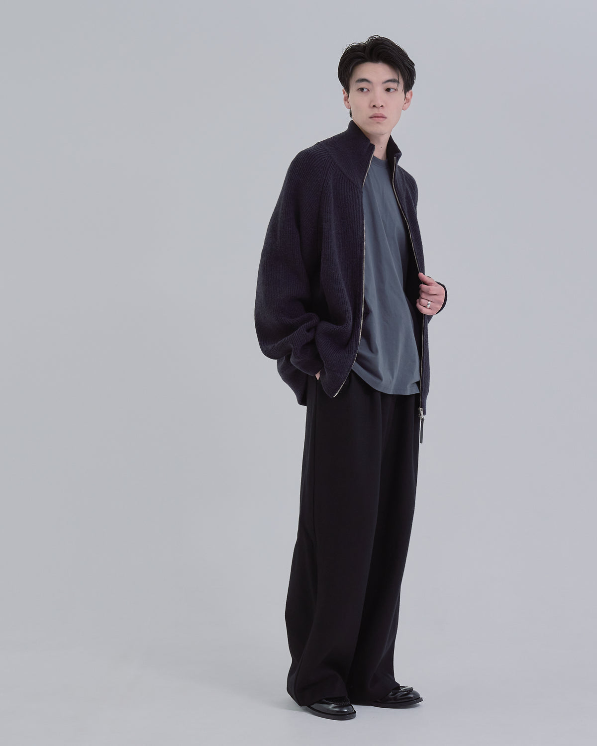 Double Zip Rib Driver's Knit -navy-