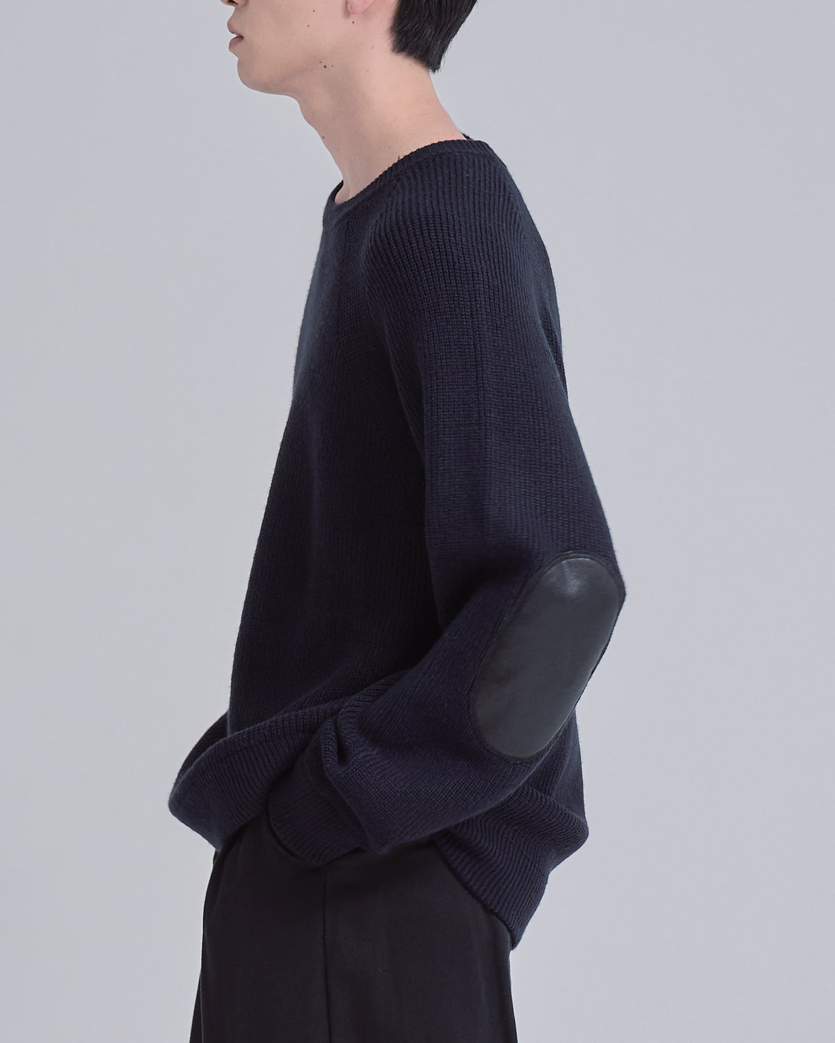 Elbow Patch Rib Crewneck Knit -navy-