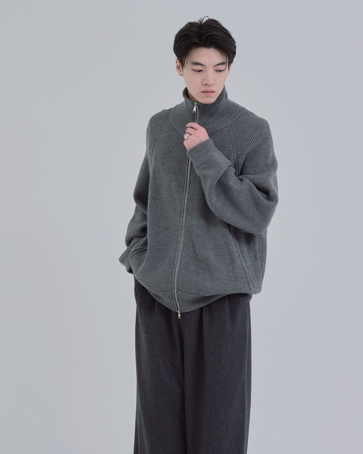 Double Zip Rib Driver's Knit -gray-