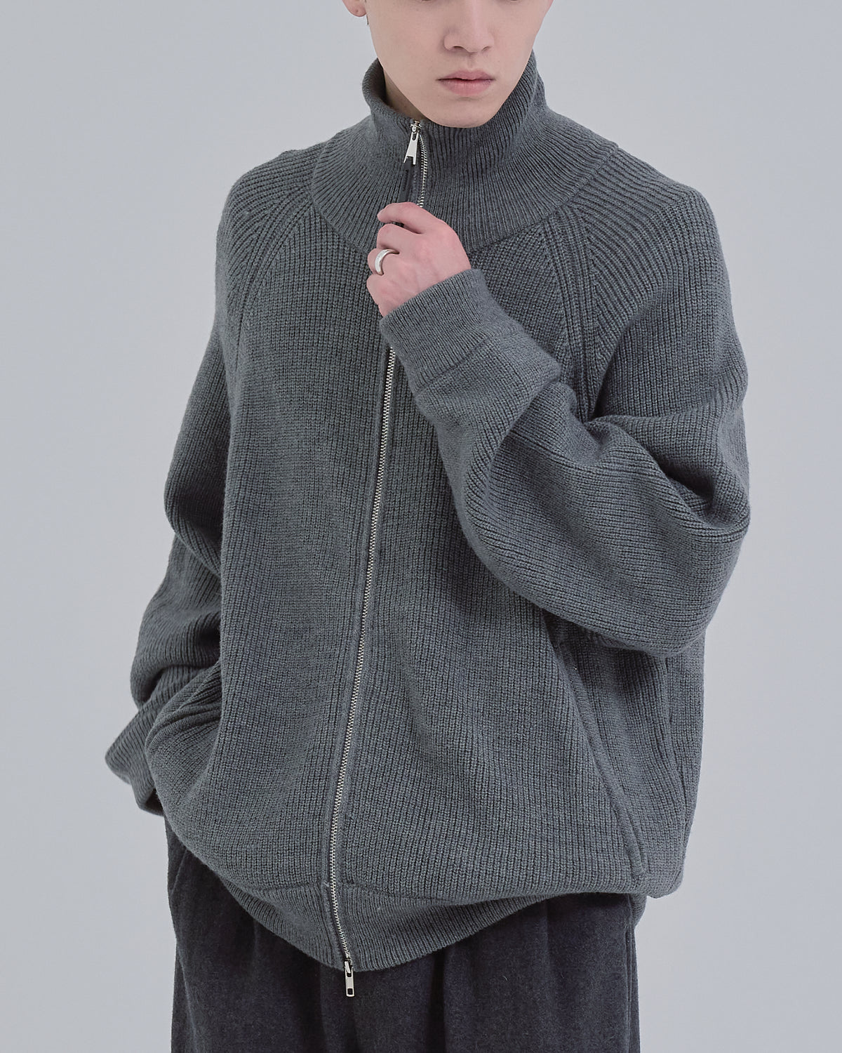 Double Zip Rib Driver's Knit -gray-