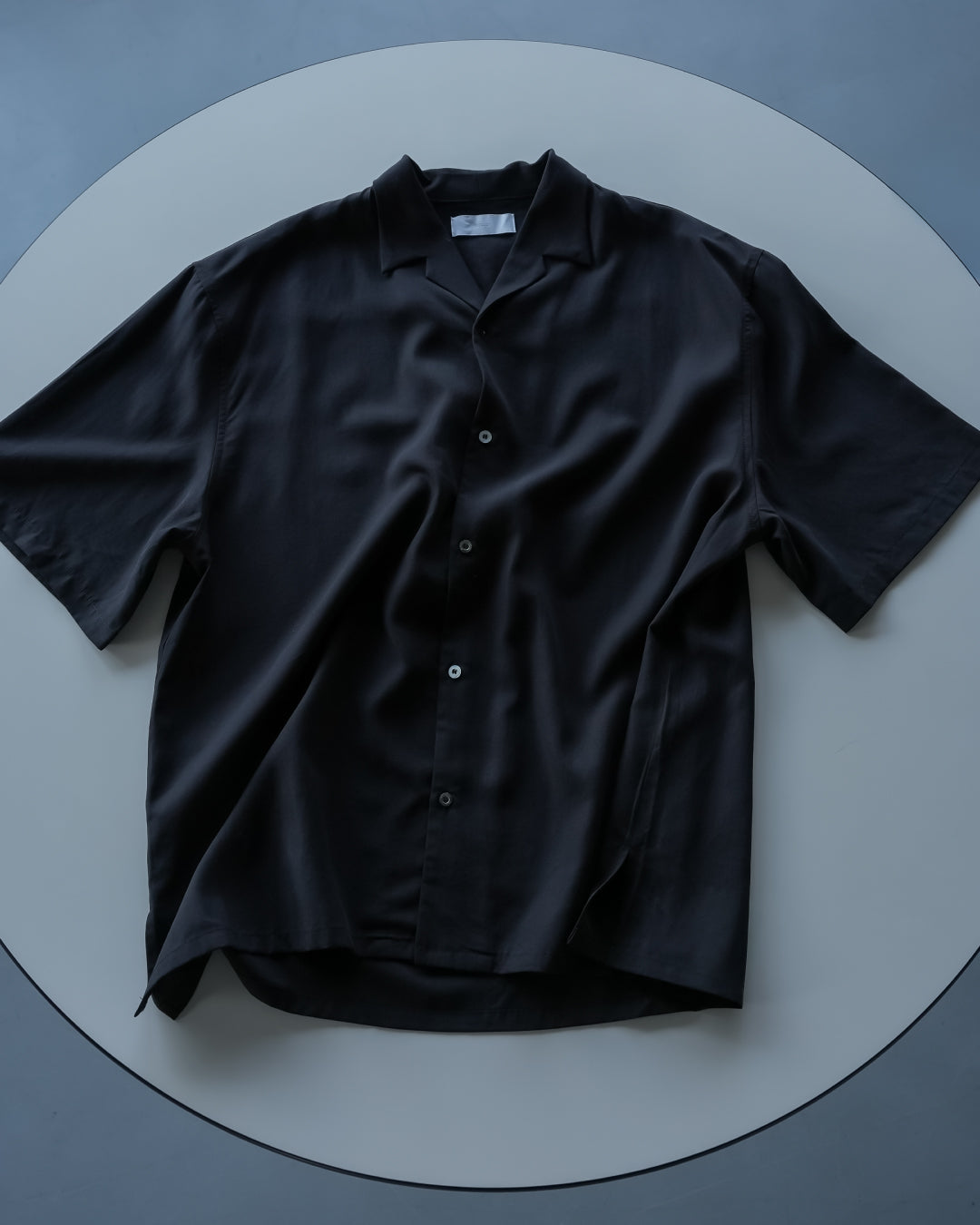 Linen Blend Open Collar S/S Shirt -black-