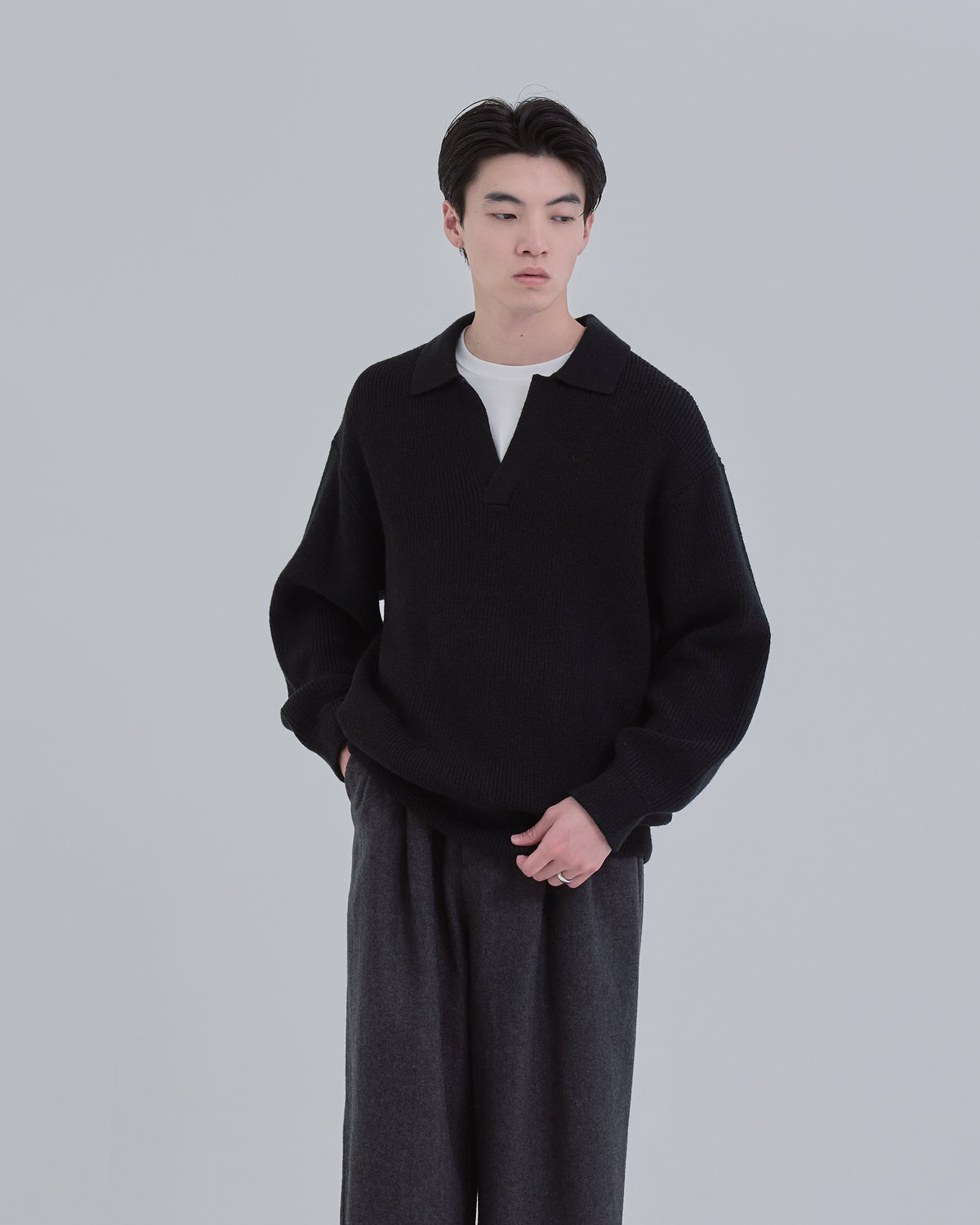 Wide Rib Skipper Knit -black-