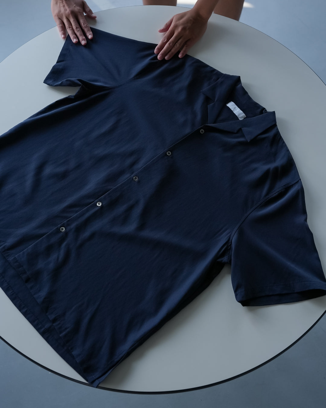 Linen Blend Open Collar S/S Shirt -navy-