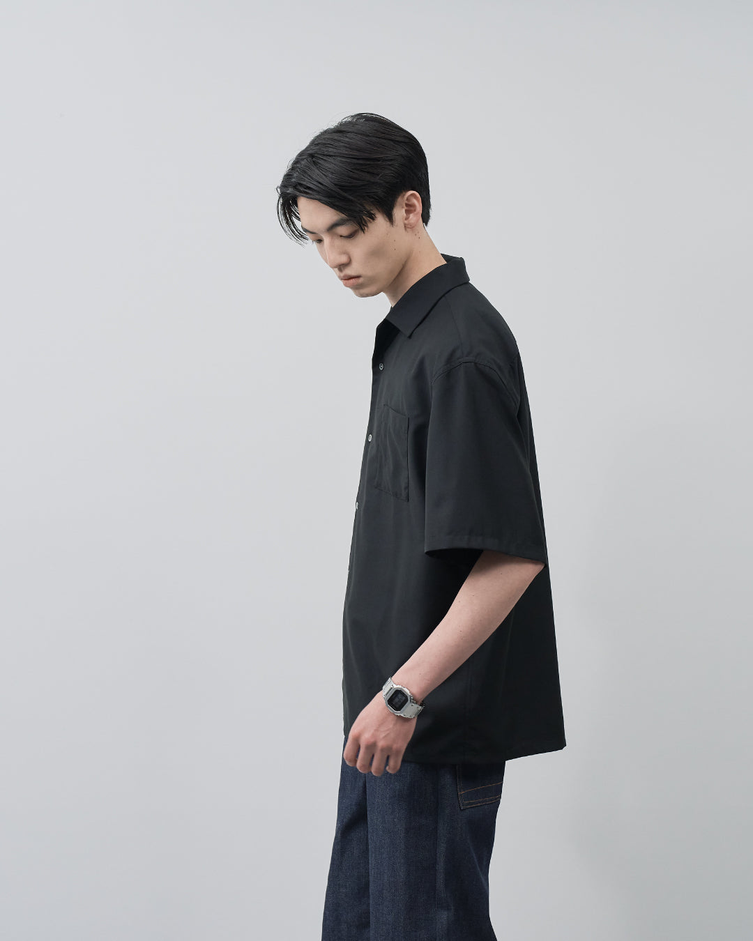 Italian Open-Collar S/S Shirt -black-