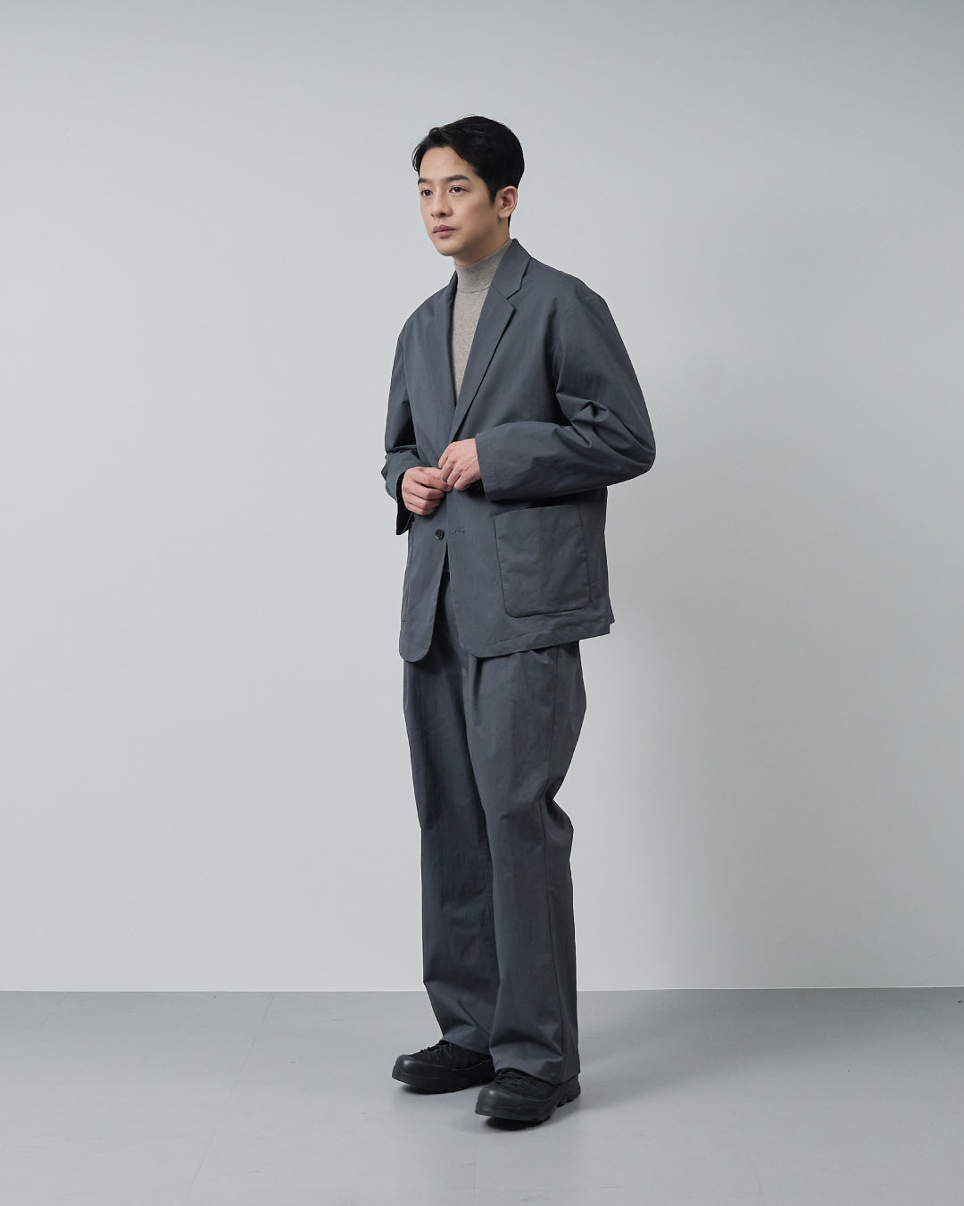 Cotton×Nylon Wide Straight Easy Slacks -charcoal-