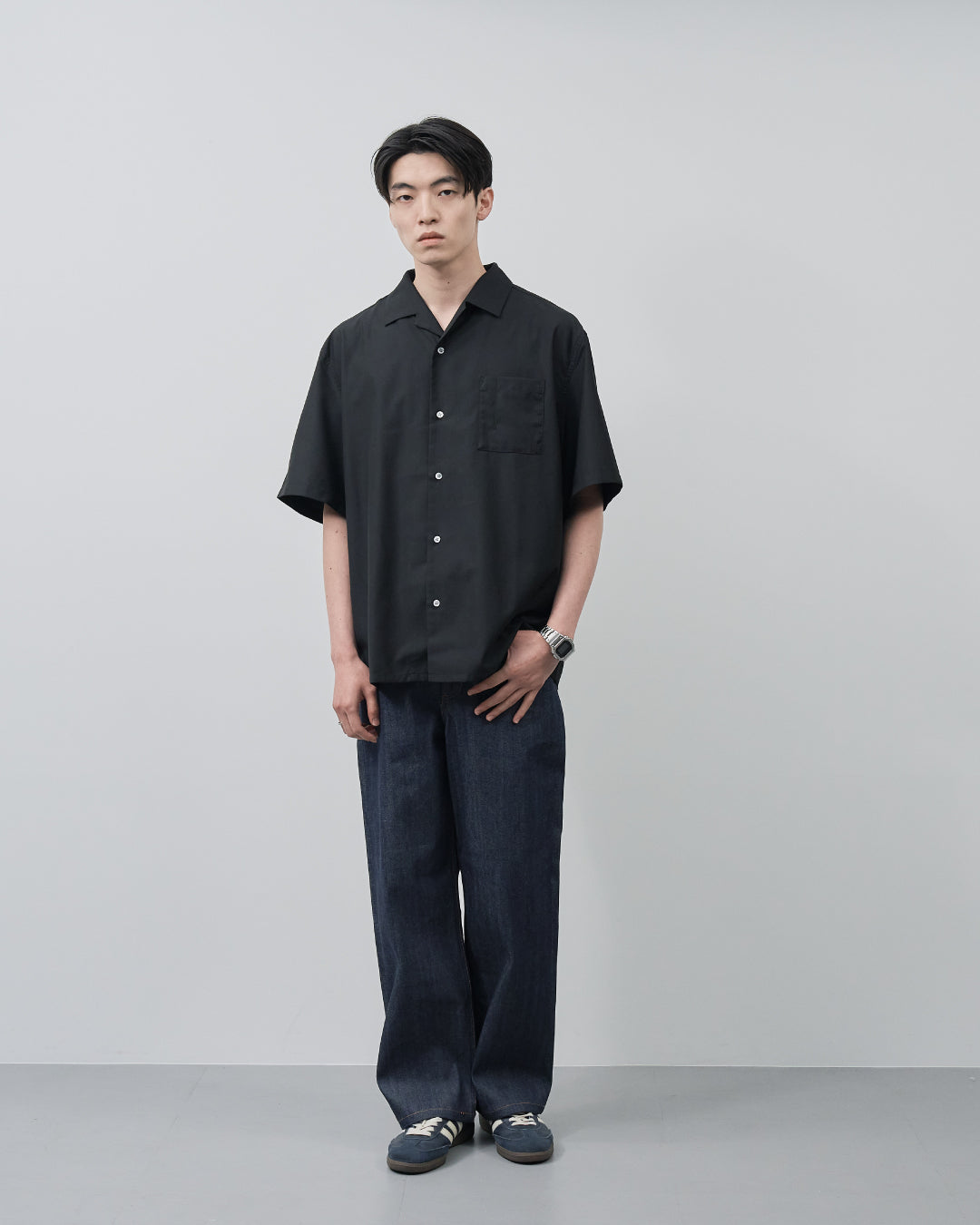 Italian Open-Collar S/S Shirt -black-