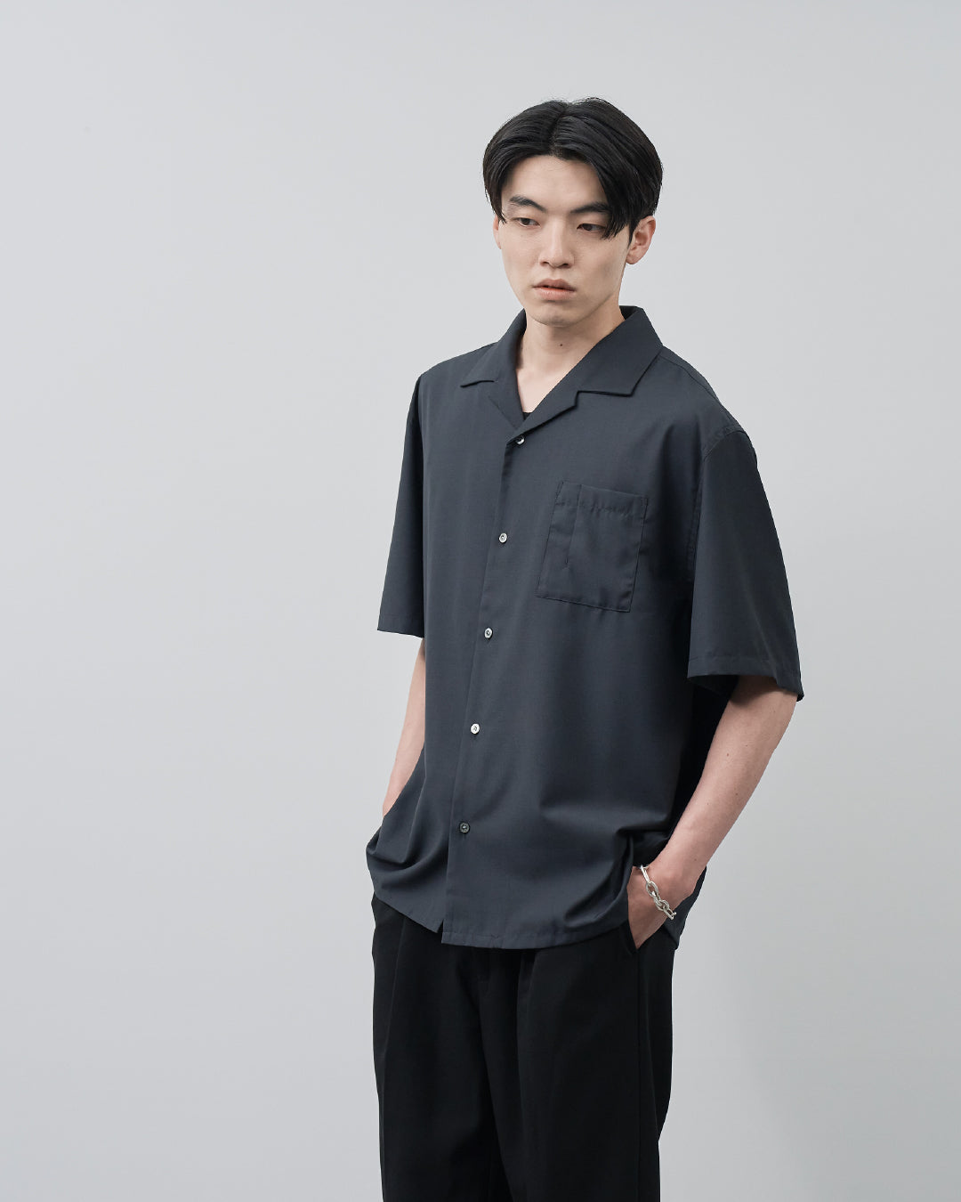 Italian Open-Collar S/S Shirt -navy-