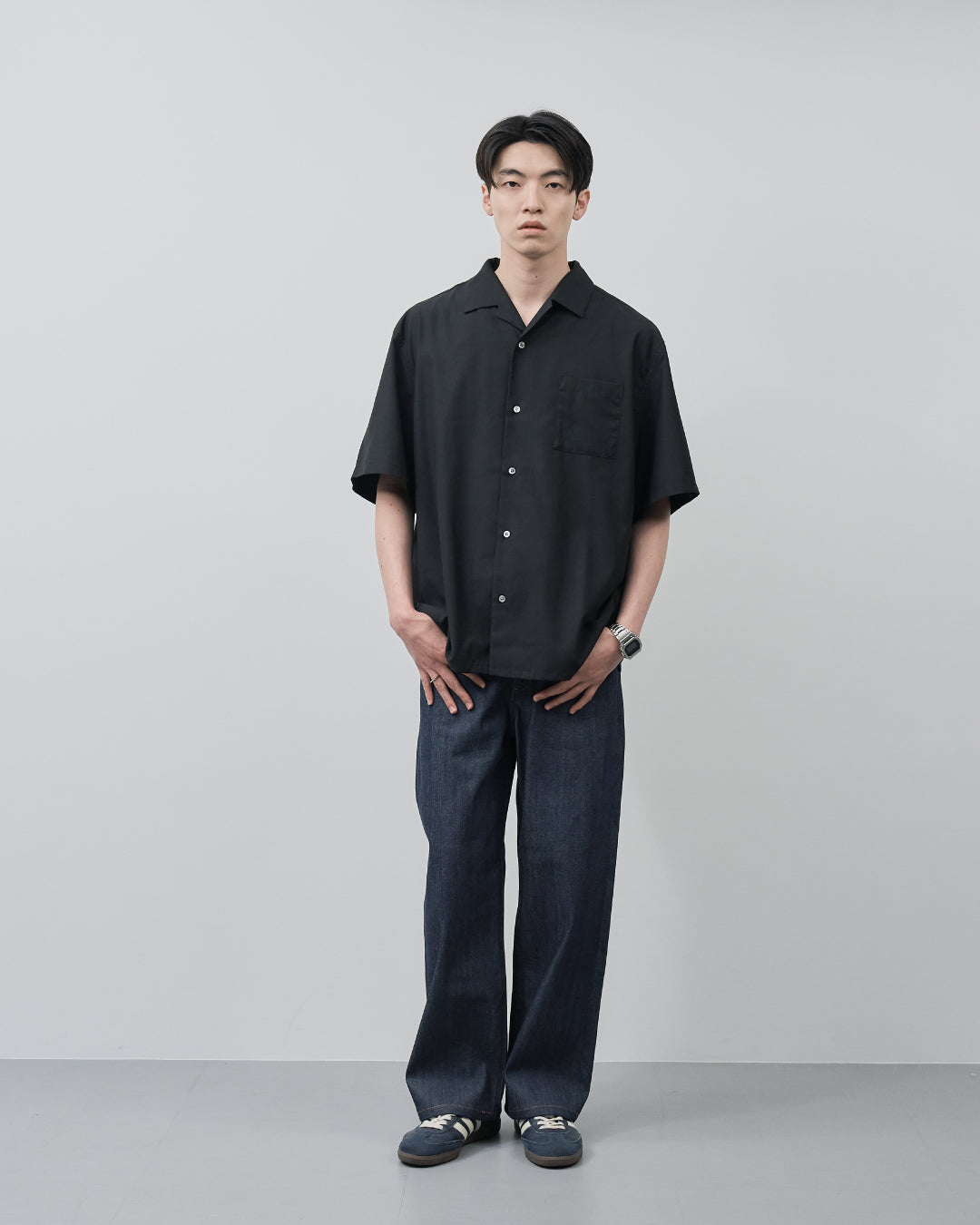 Italian Open-Collar S/S Shirt -black-
