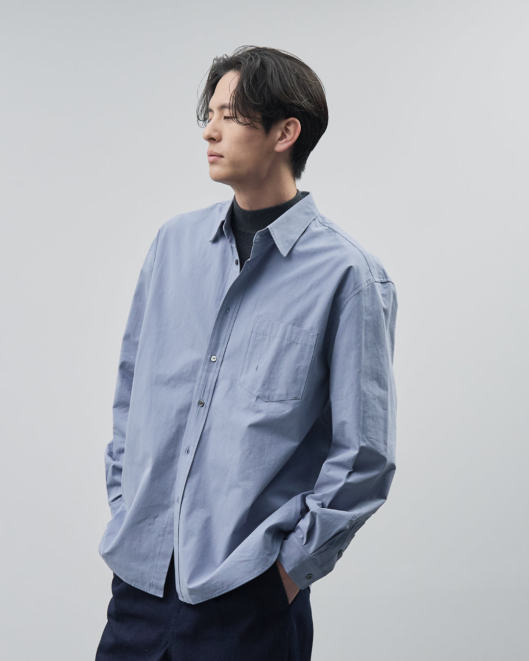 Cotton Broadcloth Regular Collar L/S Shirts -blue-