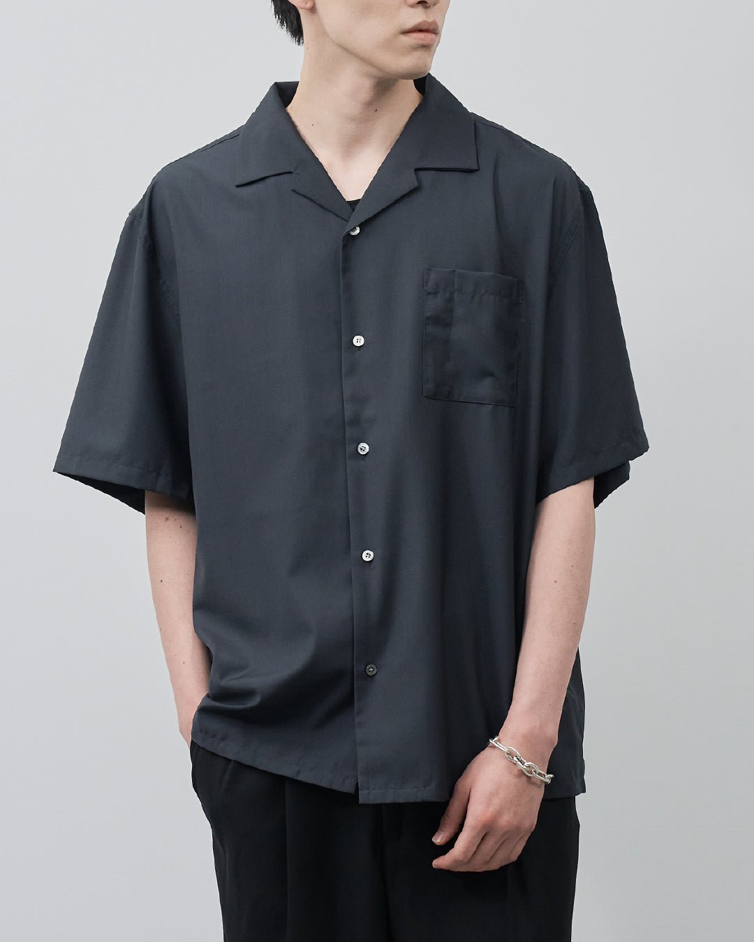Italian Open-Collar S/S Shirt -navy-