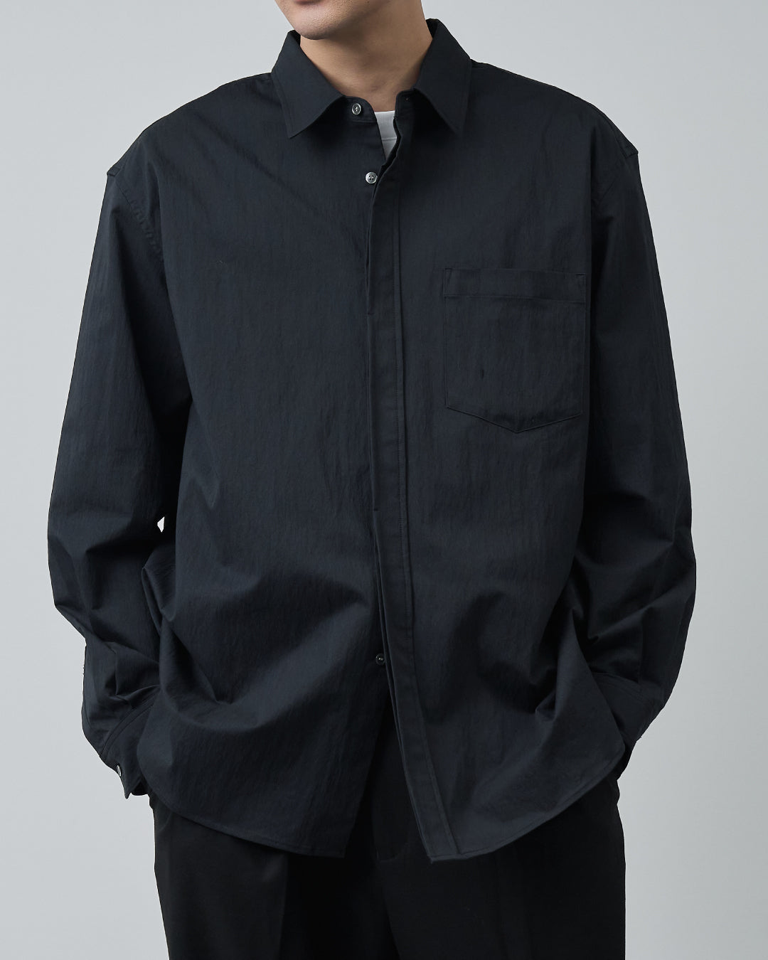 【RETOUCH】Regular Collar L/S Shirts Cotton×Nylon Regular Collar L/S Shirts -black-