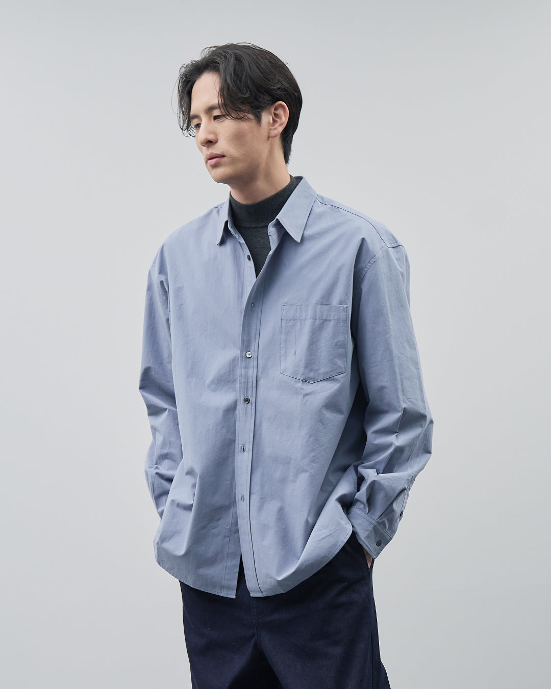 Cotton Broadcloth Regular Collar L/S Shirts -blue-