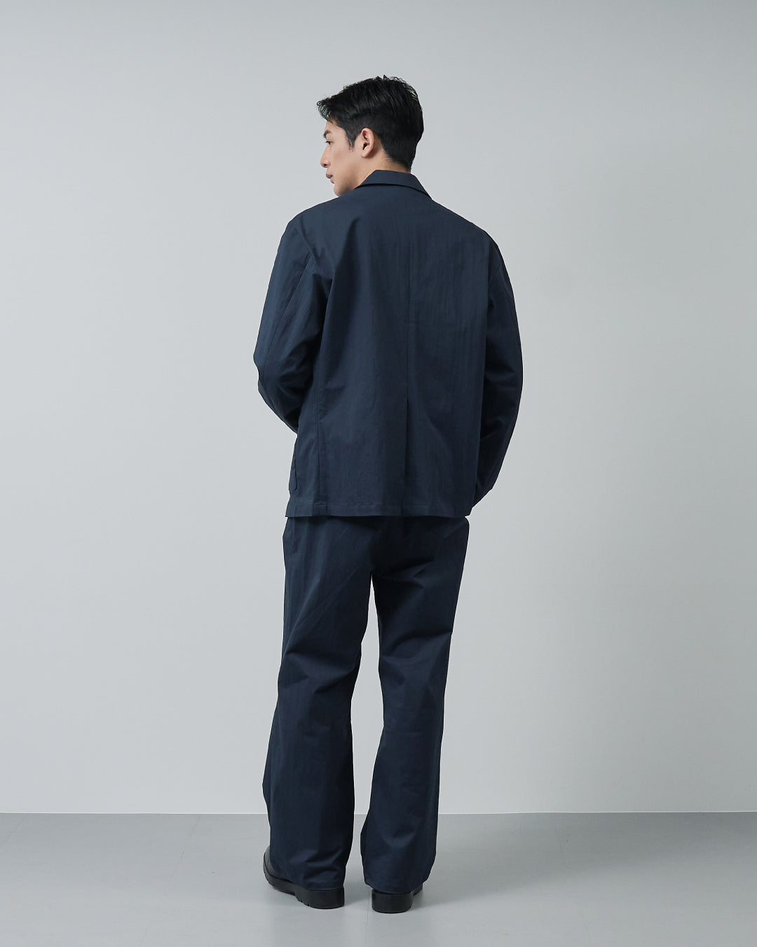 Cotton×Nylon Wide Straight Easy Slacks  -navy-