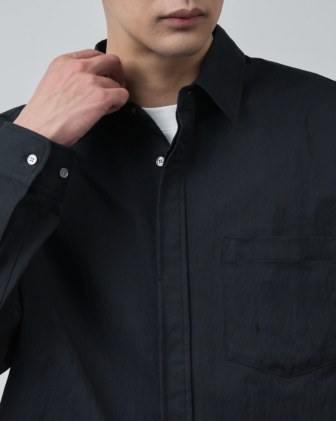 【RETOUCH】Regular Collar L/S Shirts Cotton×Nylon Regular Collar L/S Shirts -black-