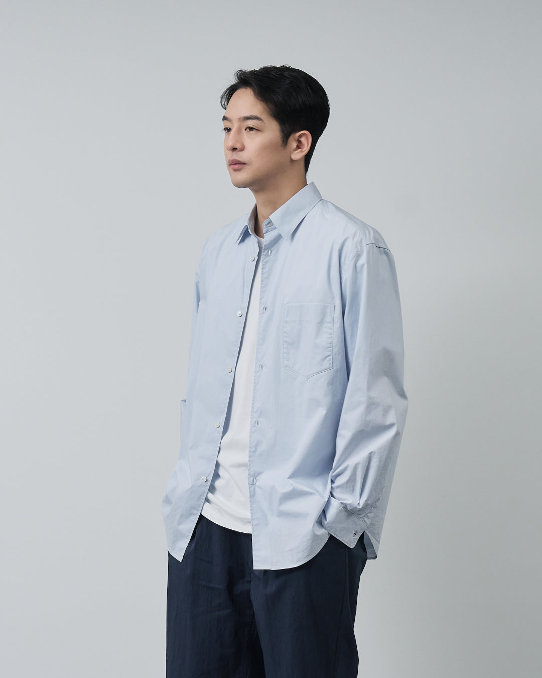 Cotton×Nylon Wide Straight Easy Slacks  -navy-