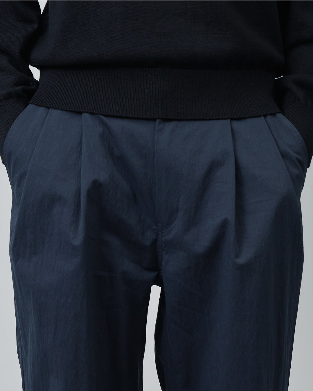 Cotton×Nylon Wide Straight Easy Slacks  -navy-