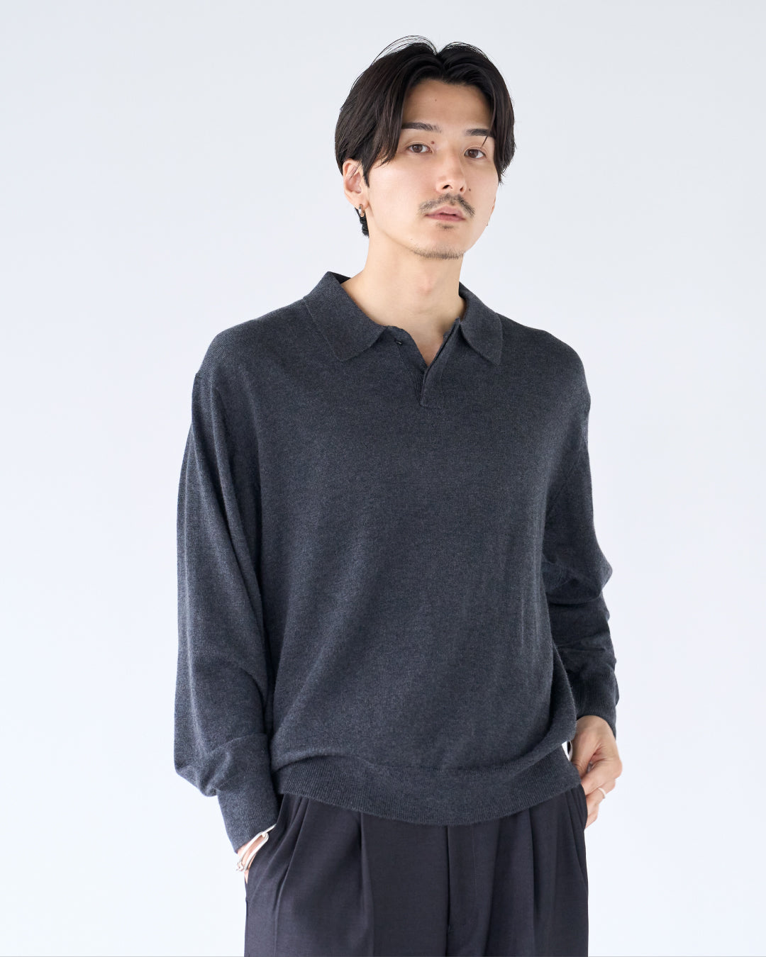 Wool Mixed L/S Knit Polo -dark gray-