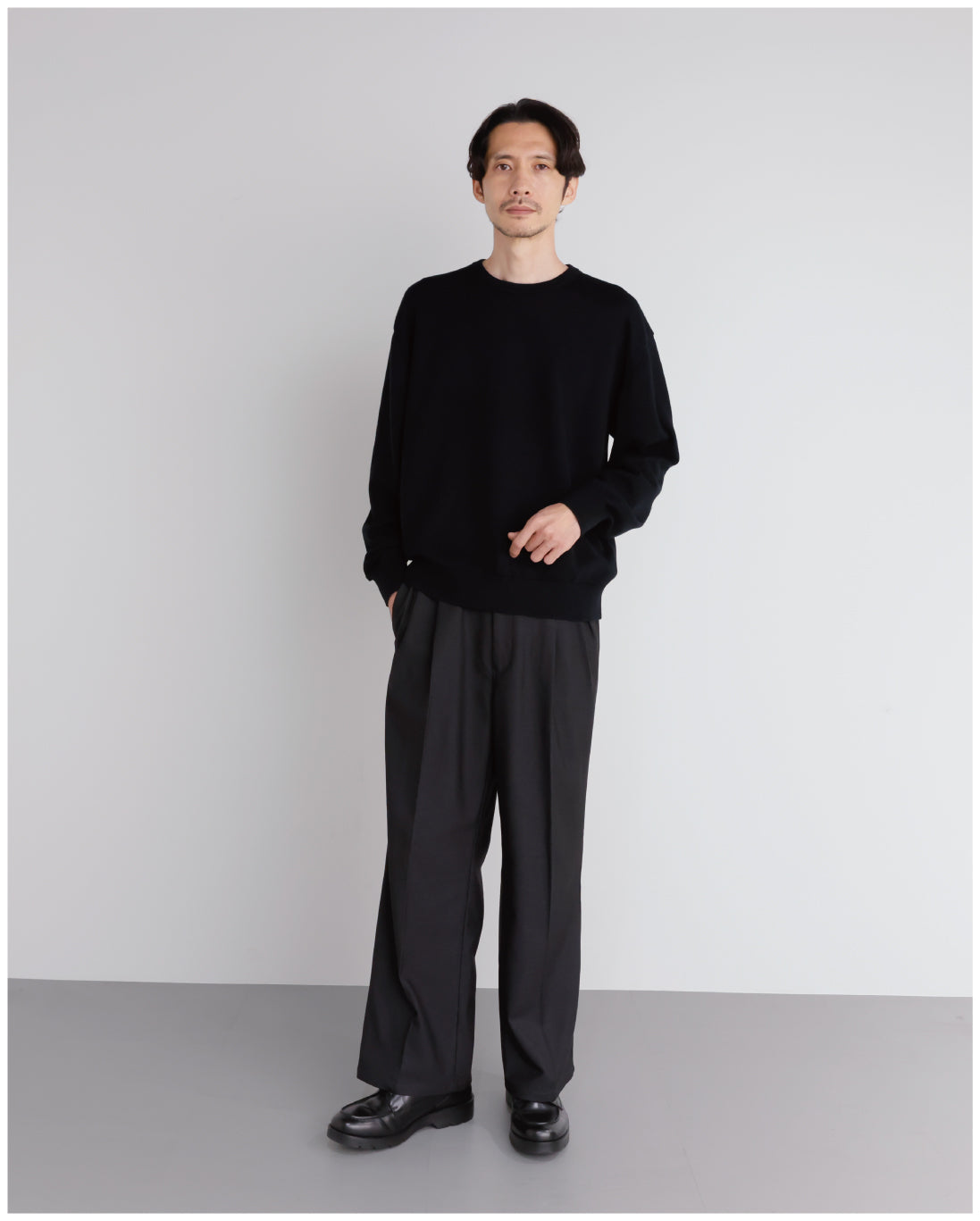 【新品】RETOUCH 14G カシミアミックスクルーネック ネイビー　Lサイズ 14G Cashmere Mix Crewneck Knit -black-
