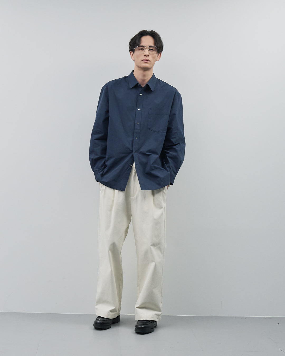 Cotton Broadcloth Regular Collar L/S Shirts -navy-