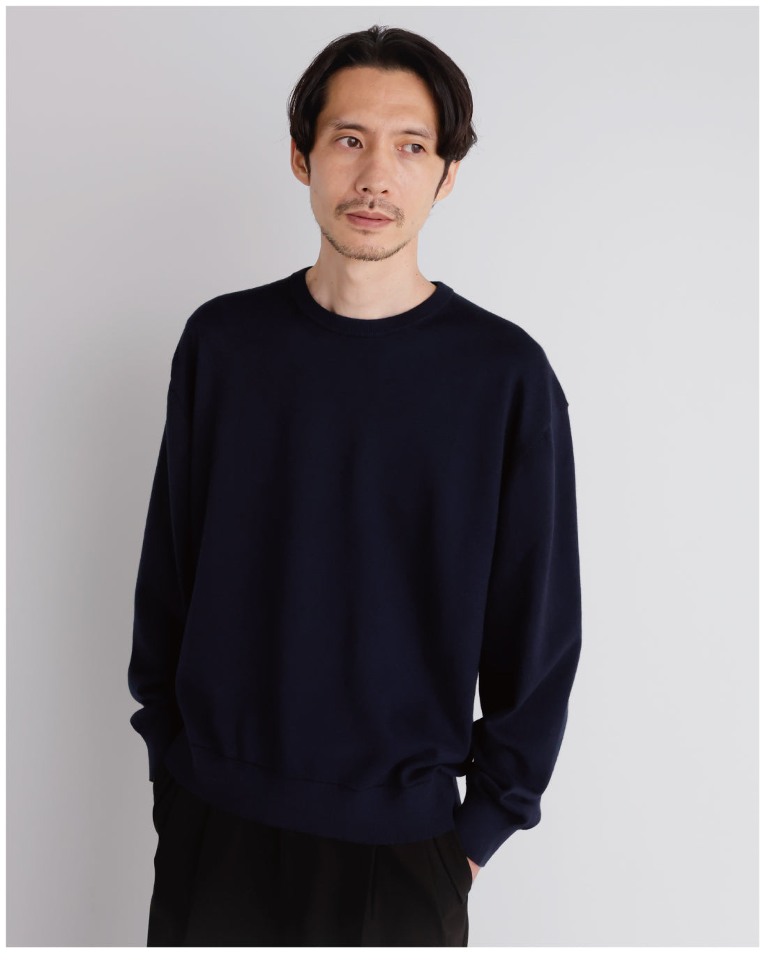 【新品】RETOUCH 14G カシミアミックスクルーネック ネイビー　Lサイズ 14G Cashmere Mix Crewneck Knit -black-