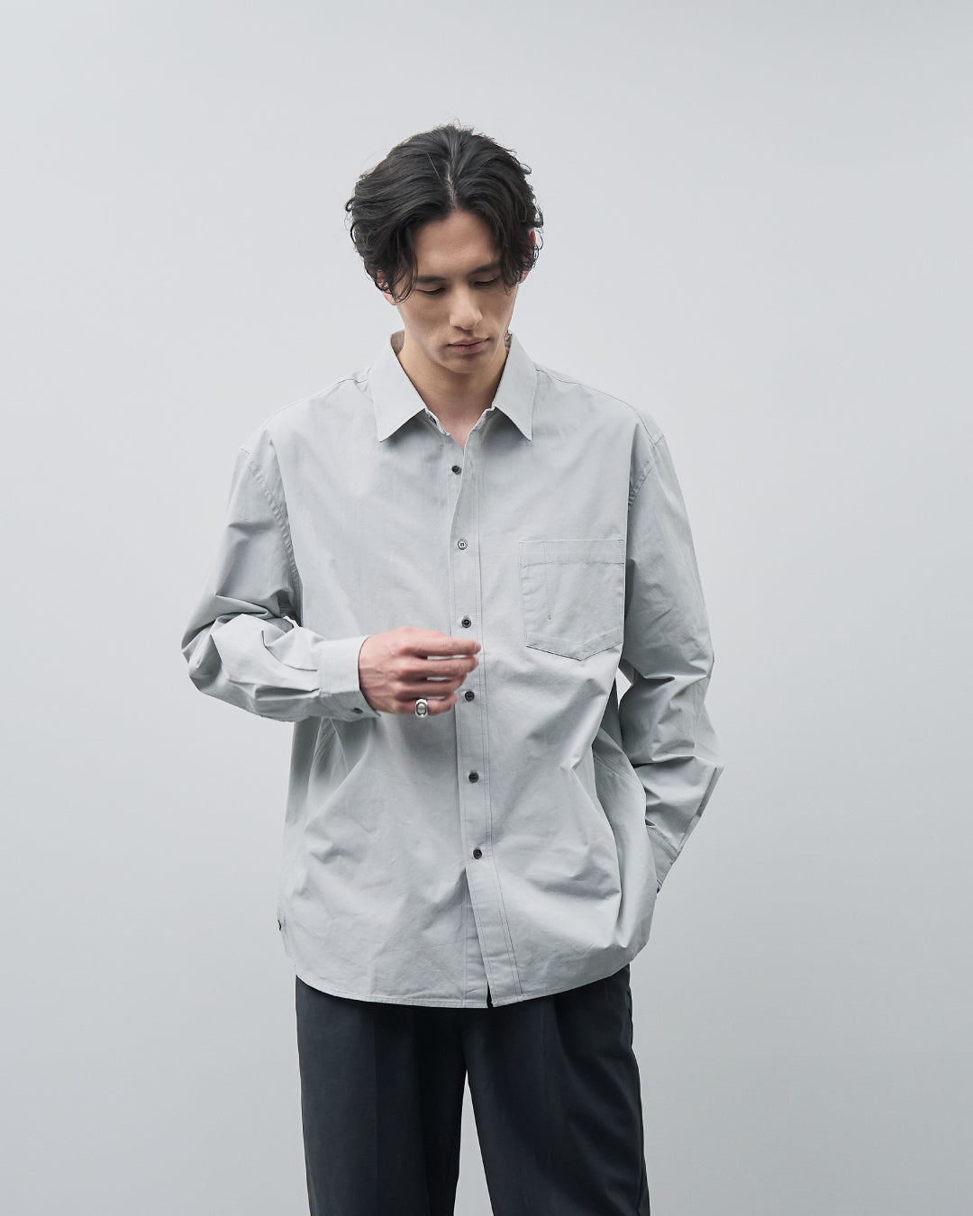 Cotton Broadcloth Regular Collar L/S Shirts -light gray-