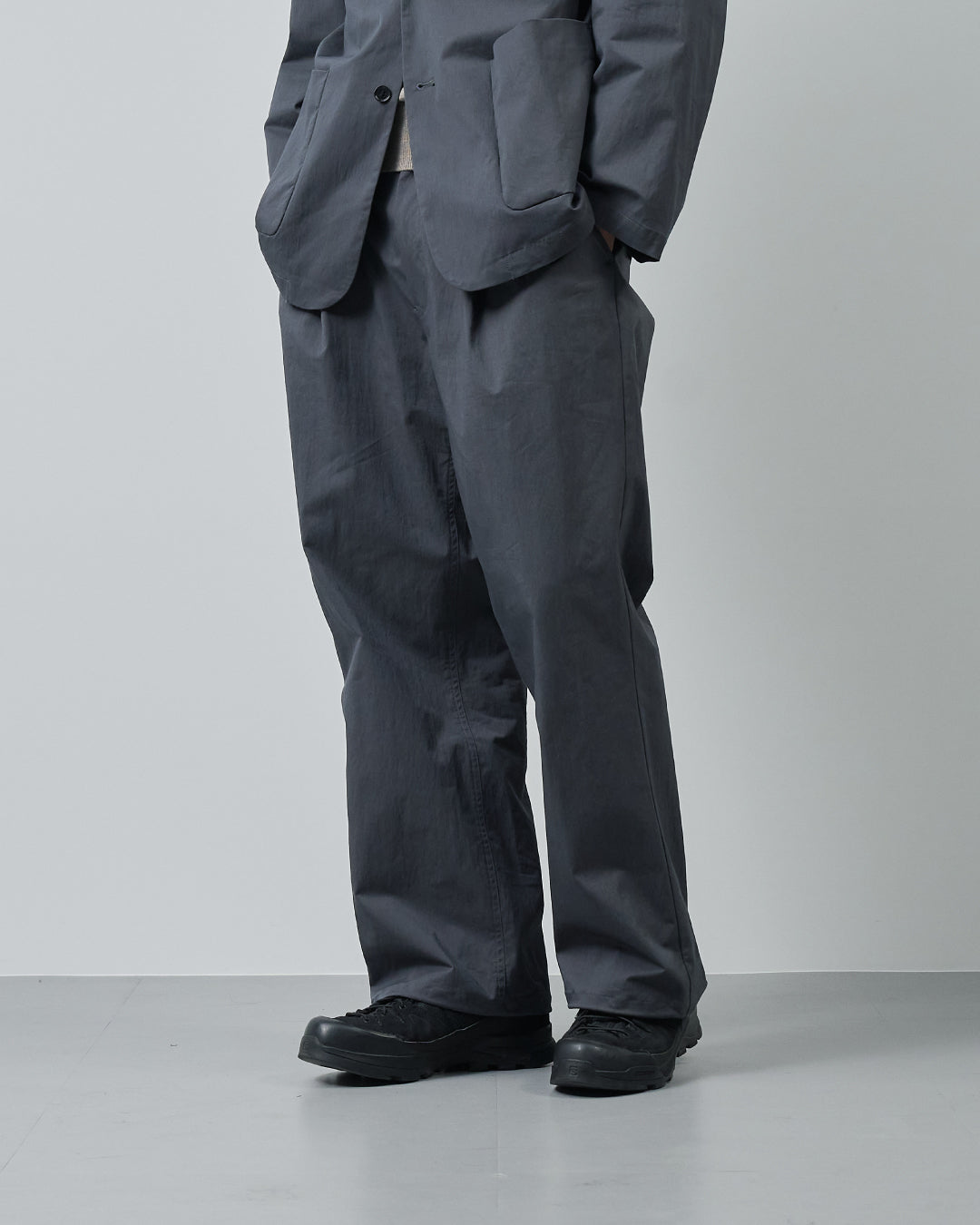 Cotton×Nylon Wide Straight Easy Slacks  -charcoal-