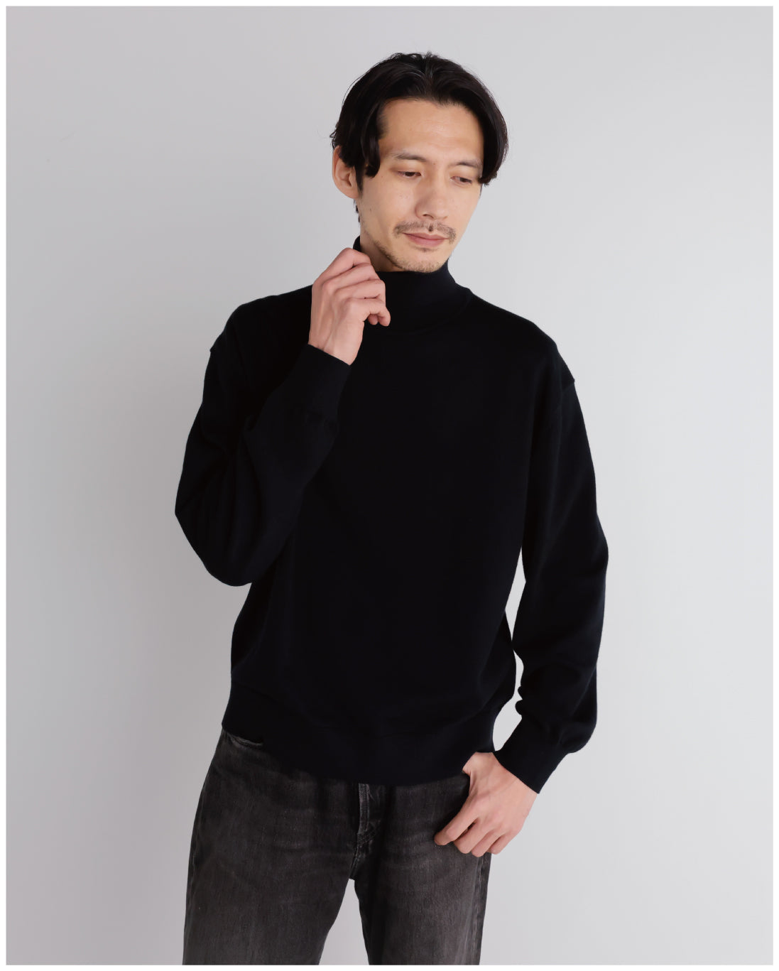 【新品】RETOUCH 14G カシミアミックスクルーネック ネイビー　Lサイズ 14G Cashmere Mix Highneck Knit -dark gray-