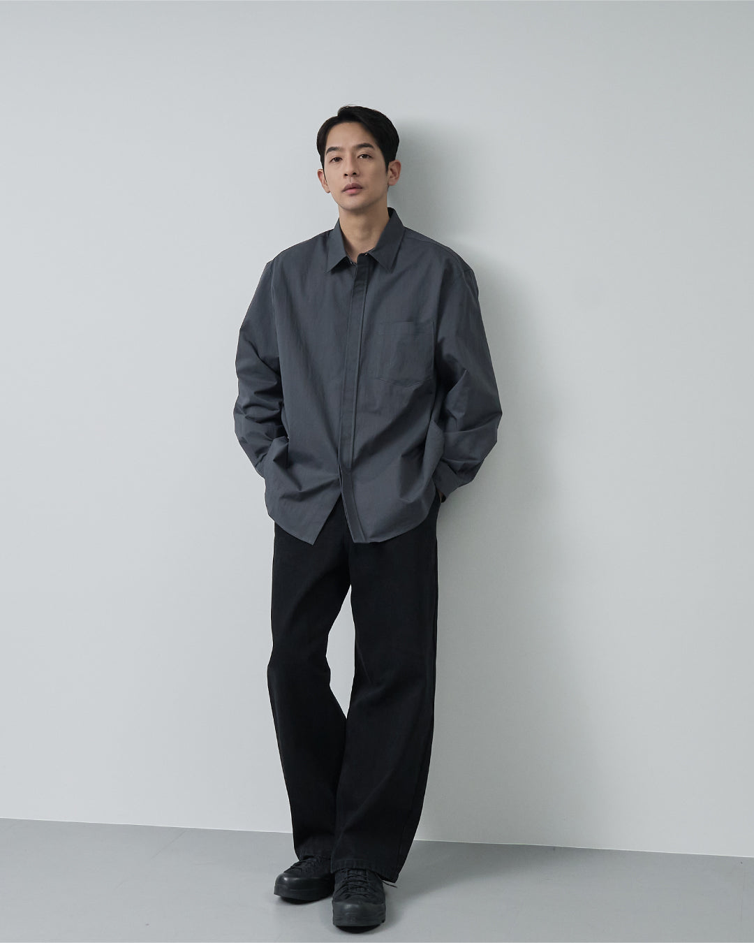 【RETOUCH】Regular Collar L/S Shirts Cotton×Nylon Regular Collar L/S Shirts -charcoal-