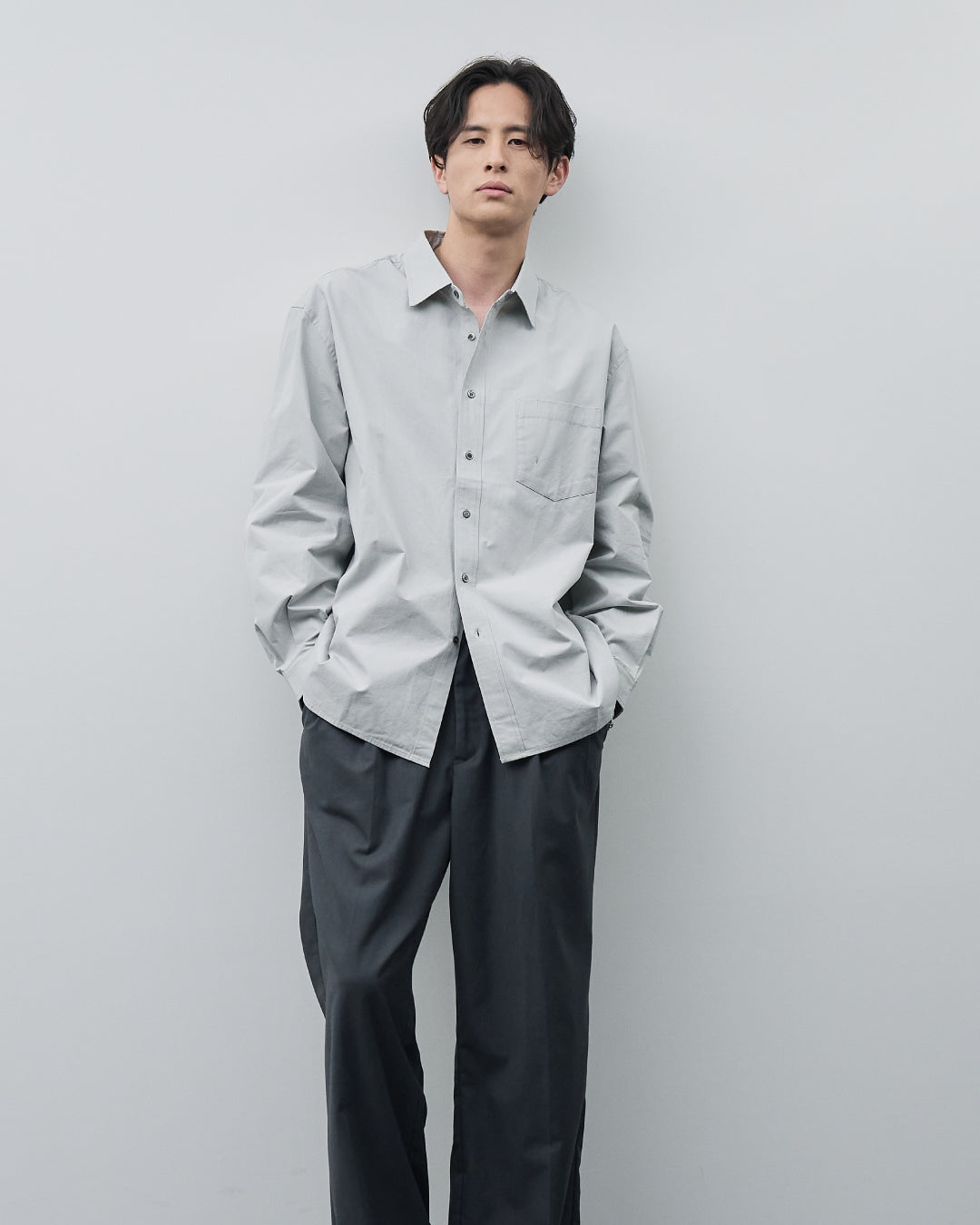 Cotton Broadcloth Regular Collar L/S Shirts -light gray-