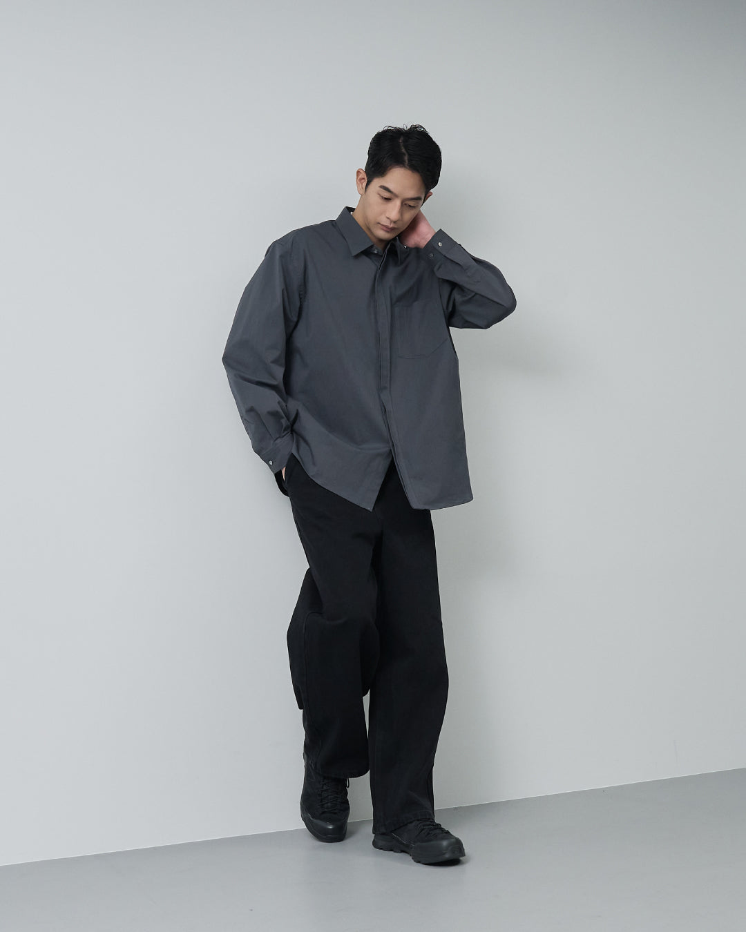 Cotton×Nylon Regular Collar L/S Shirts -charcoal-｜メンズアパレル