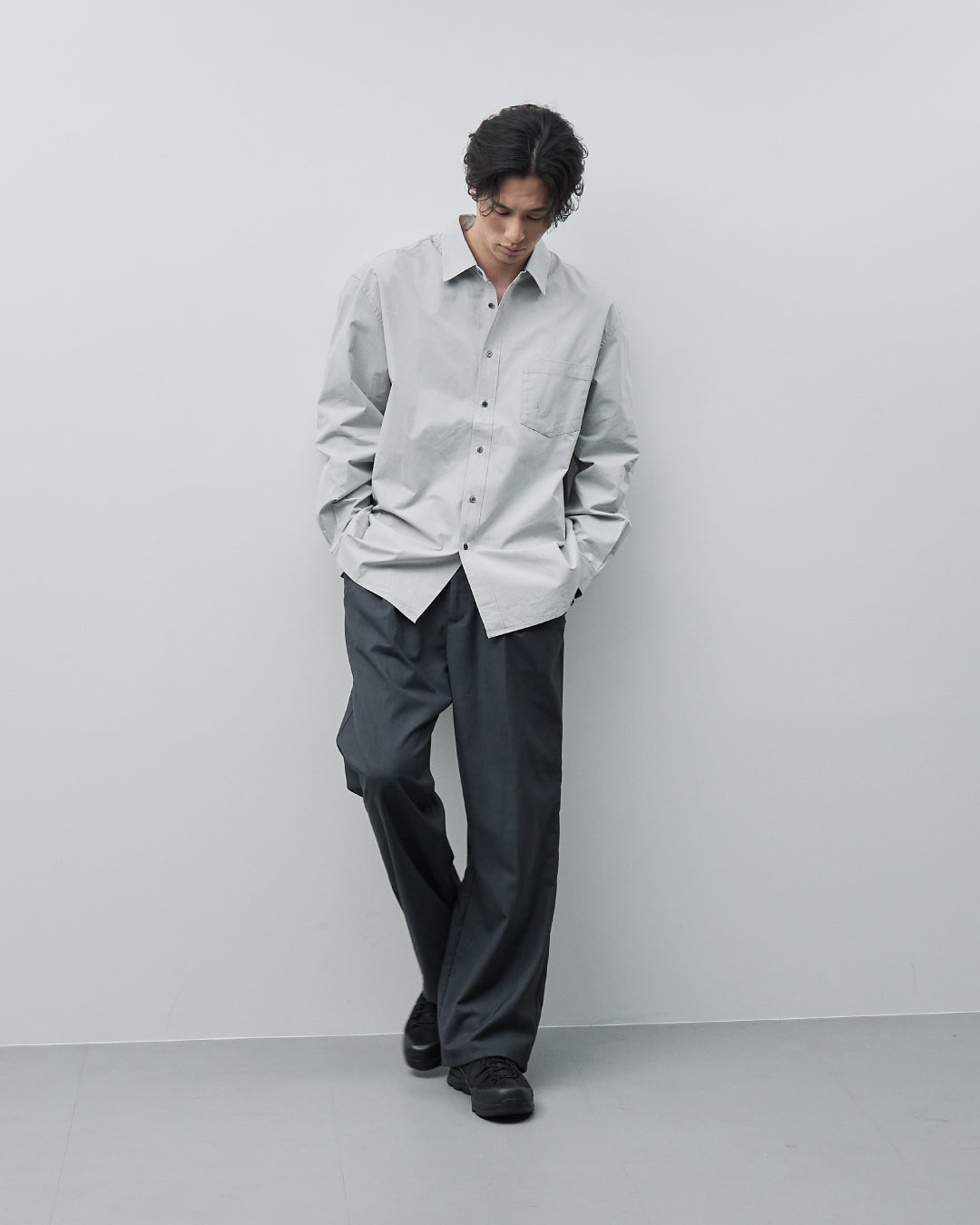 Cotton Broadcloth Regular Collar L/S Shirts -light gray-