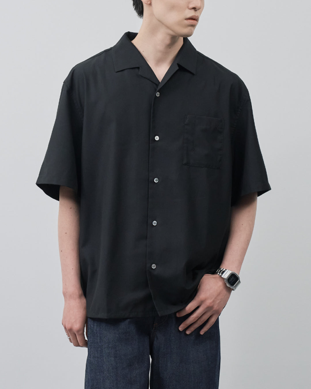 Italian Open-Collar S/S Shirt -black-