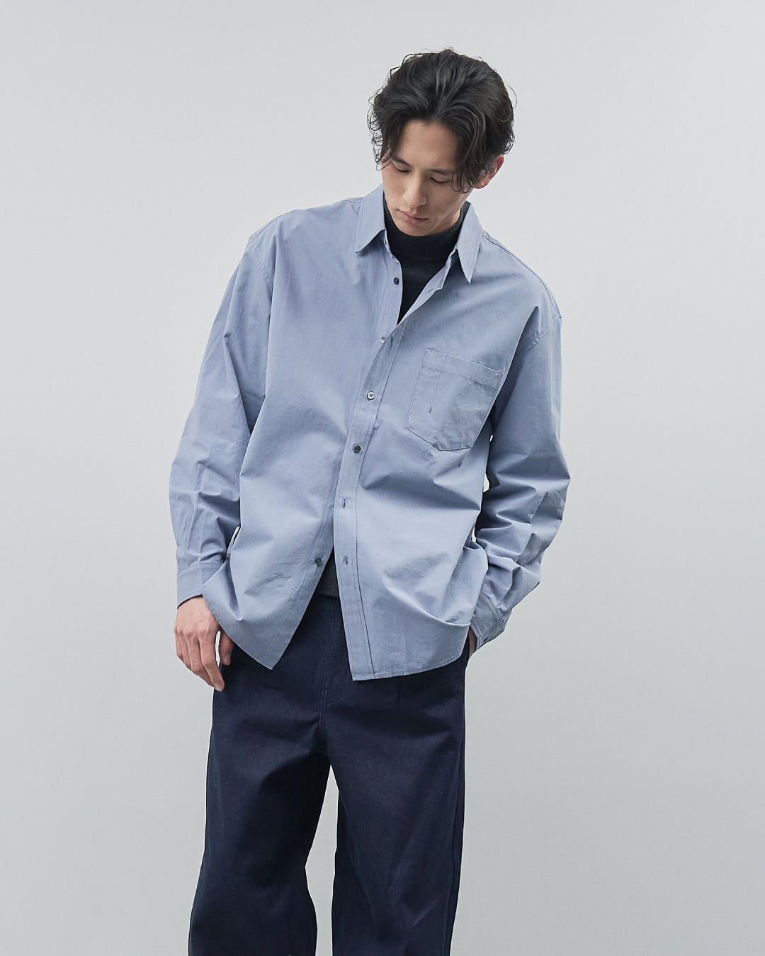 Cotton Broadcloth Regular Collar L/S Shirts -blue-