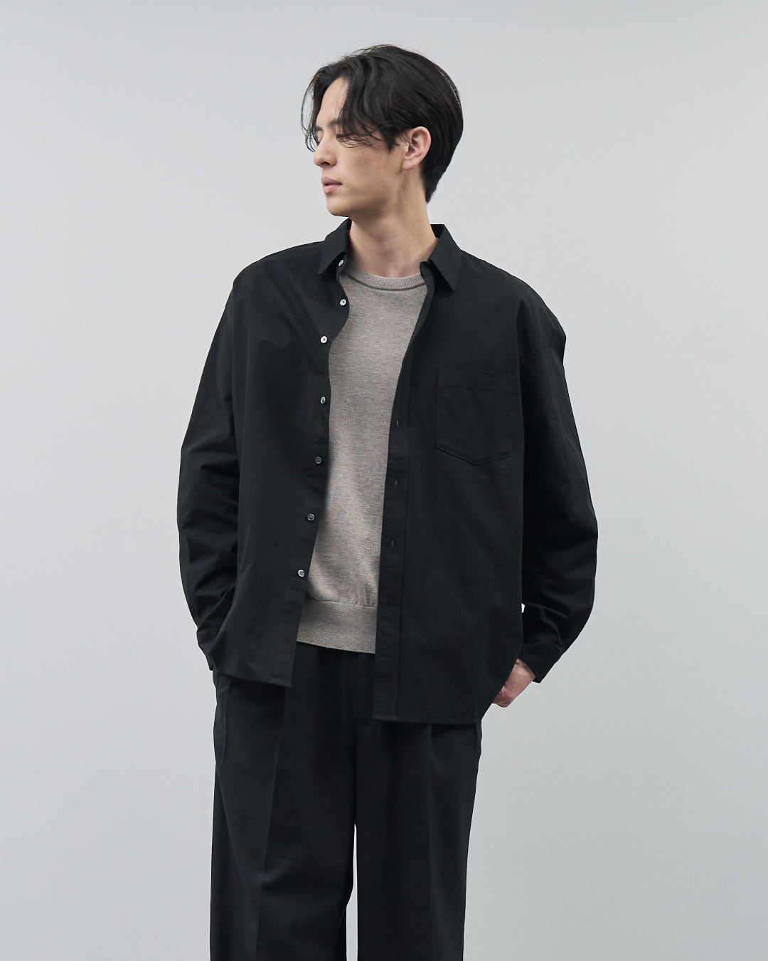 Cotton Broadcloth Regular Collar L/S Shirts -black-