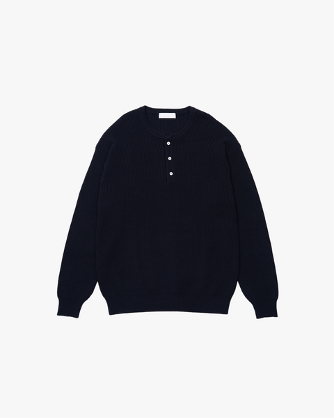 Wide Rib Henley Neck Knit -navy-