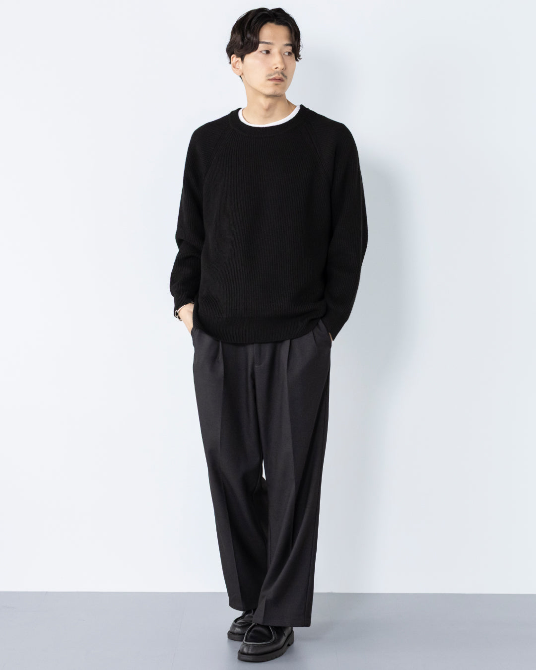 Wool Mixed Crewneck Knit -black-